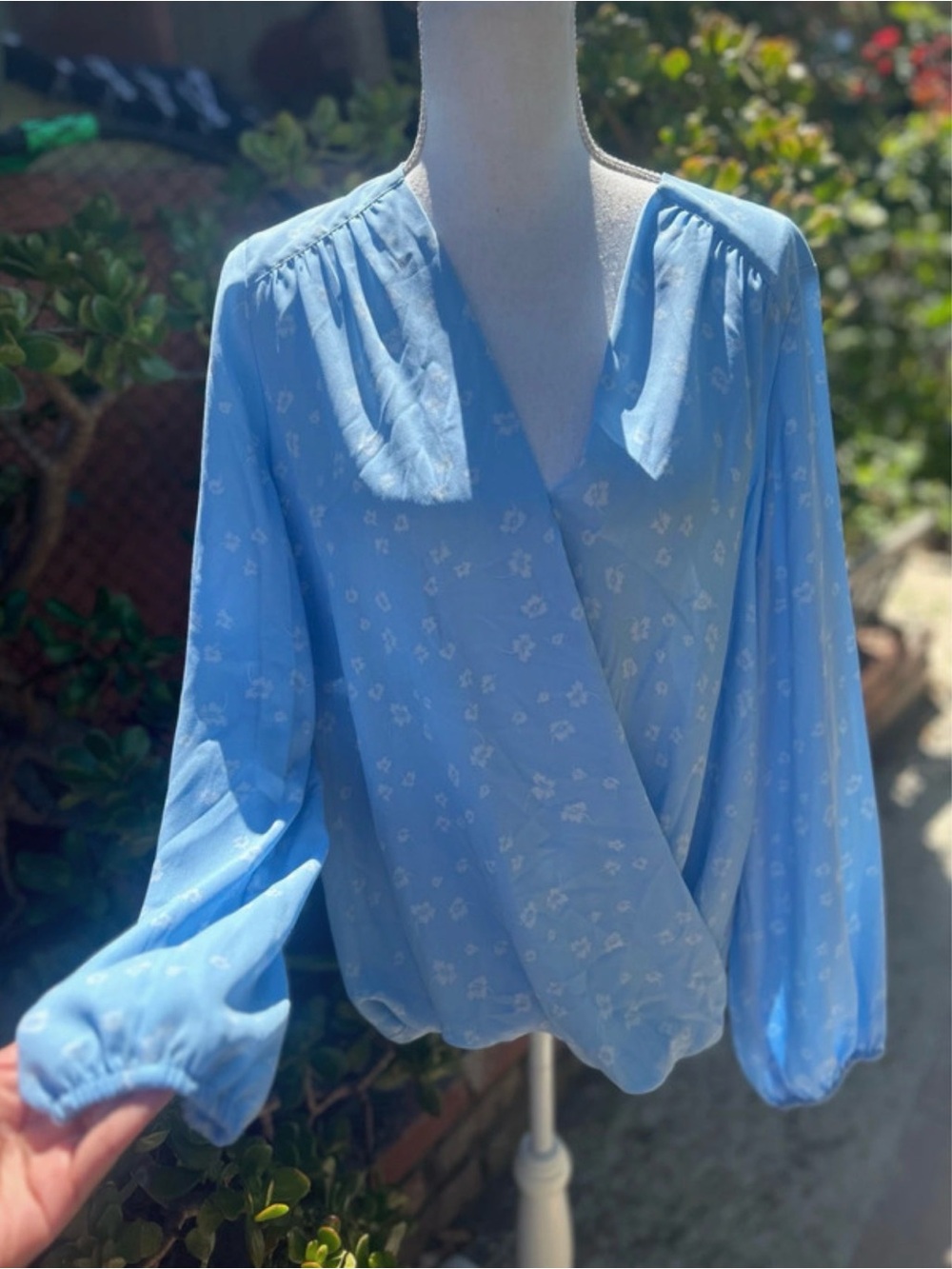 INC International Concepts Sky Blue Floral Wrap Blouse